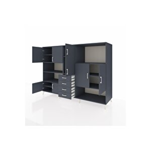 Kronos Dolap 10 Raflı 4 Çekmeceli 8 Kapaklı 220x59x163 Antrasit-antrasit