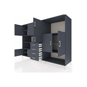 Kronos Dolap 10 Raflı 4 Çekmeceli 8 Kapaklı 220x59x163 Antrasit-antrasit