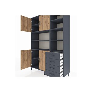 Hyperion Dolap 9 Raflı 4 Çekmeceli 4 Kapaklı 132x44x195 Antrasit-çam/antrasit