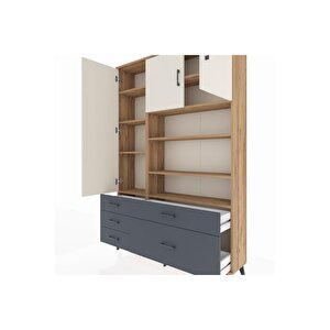 Arges Dolap 9 Raflı 5 Çekmeceli 3 Kapaklı 132x30x195 Çam-aytaşı/antrasit