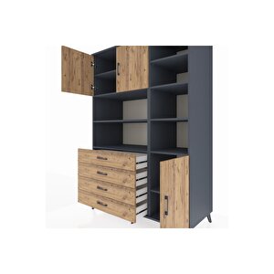 Kronos Dolap 9 Raflı 4 Çekmeceli 3 Kapaklı 132x59x195 Antrasit-çam/çam