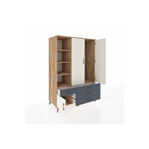 Kronos Dolap 5 Raflı 4 Çekmeceli Tek Askılı 132x59x195 Çam-aytaşı/antrasit