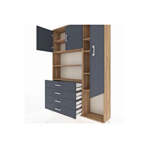 Arges Gardrop 8 Raflı 4 Çekmeceli 3 Kapaklı 132x30x195 Çam-antrasit