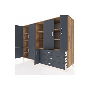 Kronos Dolap 11 Raflı 3 Çekmeceli 7 Kapaklı 220x59x163 Çam-antrasit