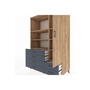 Kronos Dolap 7 Raflı 6 Çekmeceli Tek Kapaklı  132x59x195 Çam-çam/antrasit