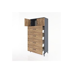 Hyperion Dolap Tek Raflı 4 Çekmeceli 2 Kapaklı 88x44x182 Antrasit-çam