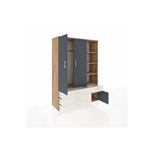 Hyperion Dolap 5 Raflı 4 Çekmeceli Tek Askılı 132x44x195 Çam-antrasit/aytaşı