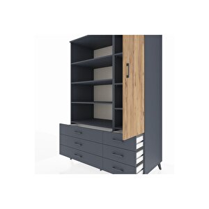 Kronos Dolap 8 Raflı 6 Çekmeceli Tek Kapaklı  132x59x195 Antrasit-çam/antrasit