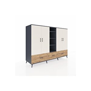 Kronos Dolap 12 Raflı 3 Çekmeceli 4 Kapaklı 220x59x163 Antrasit-aytaşı/çam