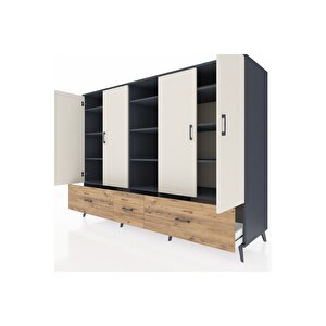 Kronos Dolap 12 Raflı 3 Çekmeceli 4 Kapaklı 220x59x163 Antrasit-aytaşı/çam