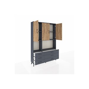Arges Dolap 6 Raflı 6 Çekmeceli 3 Kapaklı 132x30x195 Antrasit-çam/antrasit