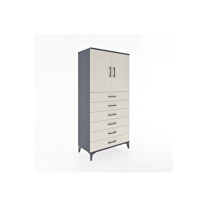 Hyperion Dolap Tek Raflı 6 Çekmeceli 2 Kapaklı 88x44x182 Antrasit-aytaşı
