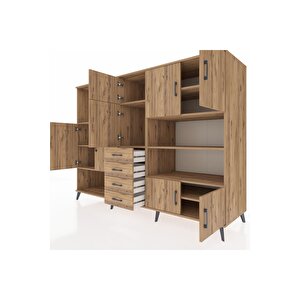 Kronos Dolap 9 Raflı 4 Çekmeceli 8 Kapaklı 220x59x163 Çam-çam