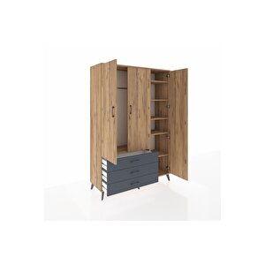 Hyperion Dolap 6 Raflı 3 Çekmeceli Tek Askılı 132x44x195 Çam-çam/antrasit