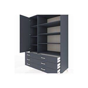 Kronos Dolap 8 Raflı 6 Çekmeceli Tek Kapaklı  132x59x195 Antrasit-antrasit/antrasit