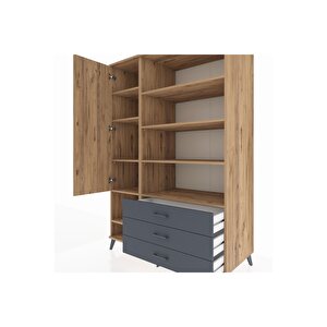 Kronos Dolap 9 Raflı 3 Çekmeceli Tek Kapaklı  132x59x195 Çam-çam/antrasit