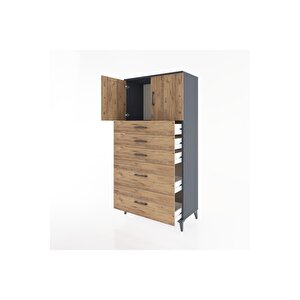 Hyperion Dolap Tek Raflı 5 Çekmeceli 2 Kapaklı 88x44x182 Antrasit-çam