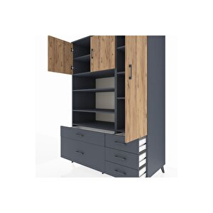 Kronos Dolap 9 Raflı 5 Çekmeceli 3 Kapaklı 132x59x195 Antrasit-çam/antrasit