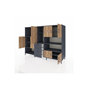 Kronos Dolap 9 Raflı 4 Çekmeceli 8 Kapaklı 220x59x163 Antrasit-çam/antrasit