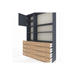 Arges Dolap 7 Raflı 8 Çekmeceli Tek Kapaklı  132x30x195 Antrasit-antrasit/çam