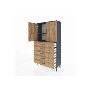 Arges Dolap 2 Raflı 5 Çekmeceli 2 Kapaklı 88x30x163 Antrasit-çam