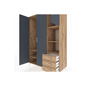 Kronos Dolap 5 Raflı 3 Çekmeceli Tek Askılı 132x59x195 Çam-antrasit/çam