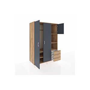 Kronos Dolap 5 Raflı 3 Çekmeceli Tek Askılı 132x59x195 Çam-antrasit/çam