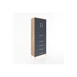 Arges Dolap 2 Raflı 5 Çekmeceli 2 Kapaklı 60x30x163 Çam-antrasit