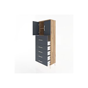 Arges Dolap 2 Raflı 5 Çekmeceli 2 Kapaklı 60x30x163 Çam-antrasit