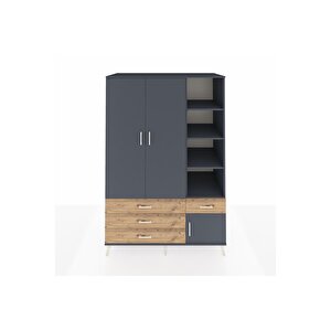 Kronos Dolap 5 Raflı 4 Çekmeceli Tek Askılı 132x59x195 Antrasit-antrasit/çam