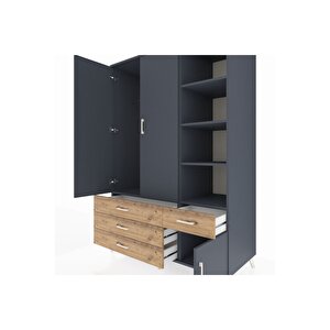 Kronos Dolap 5 Raflı 4 Çekmeceli Tek Askılı 132x59x195 Antrasit-antrasit/çam