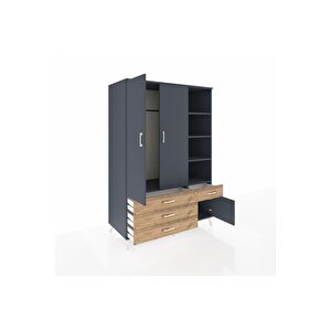 Kronos Dolap 5 Raflı 4 Çekmeceli Tek Askılı 132x59x195 Antrasit-antrasit/çam