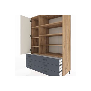 Kronos Dolap 8 Raflı 6 Çekmeceli Tek Kapaklı  132x59x195 Çam-aytaşı/antrasit