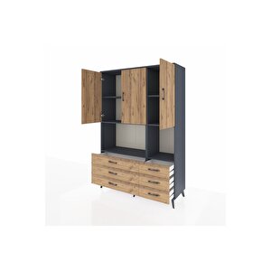Hyperion Gardrop 6 Raflı 6 Çekmeceli 3 Kapaklı 132x44x195 Antrasit-çam