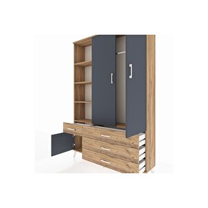 Arges Dolap 5 Raflı 4 Çekmeceli Tek Askılı 132x30x195 Çam-antrasit/çam