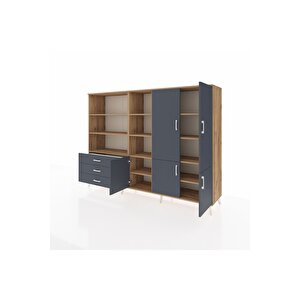 Hyperion Dolap 11 Raflı 3 Çekmeceli 5 Kapaklı 220x44x163 Çam-antrasit