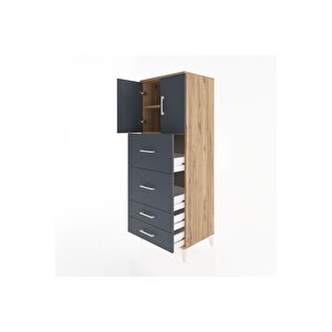 Hyperion Dolap 2 Raflı 4 Çekmeceli 2 Kapaklı 60x44x163 Çam-antrasit