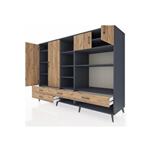 Kronos Dolap 12 Raflı 4 Çekmeceli 4 Kapaklı 220x59x163 Antrasit-çam