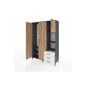 Hyperion Dolap 5 Raflı 3 Çekmeceli Tek Askılı 132x44x195 Antrasit-çam/aytaşı