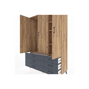 Hyperion Dolap 5 Raflı 6 Çekmeceli Tek Askılı 132x44x195 Çam-çam/antrasit