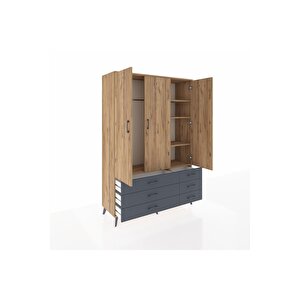 Hyperion Dolap 5 Raflı 6 Çekmeceli Tek Askılı 132x44x195 Çam-çam/antrasit