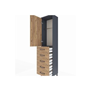 Arges Dolap Tek Raflı 5 Çekmeceli Tek Askılı 44x30x182 Antrasit-çam