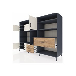 Kronos Dolap 13 Raflı 3 Çekmeceli 5 Kapaklı 220x59x163 Antrasit-aytaşı/çam