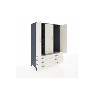 Kronos Dolap 5 Raflı 6 Çekmeceli Tek Askılı 132x59x195 Antrasit-aytaşı/aytaşı