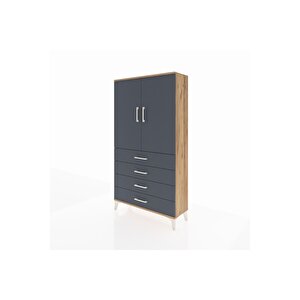 Arges Dolap Tek Raflı 4 Çekmeceli Tek Askılı 88x30x163 Çam-antrasit