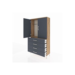 Arges Dolap Tek Raflı 4 Çekmeceli Tek Askılı 88x30x163 Çam-antrasit