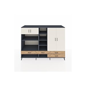 Kronos Dolap 12 Raflı 4 Çekmeceli 4 Kapaklı 220x59x163 Antrasit-aytaşı/çam