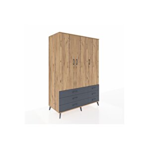 Kronos Dolap 5 Raflı 6 Çekmeceli Tek Askılı 132x59x195 Çam-çam/antrasit