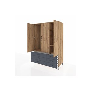 Kronos Dolap 5 Raflı 6 Çekmeceli Tek Askılı 132x59x195 Çam-çam/antrasit