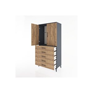 Hyperion Dolap Tek Raflı 5 Çekmeceli Tek Askılı 88x44x182 Antrasit-çam